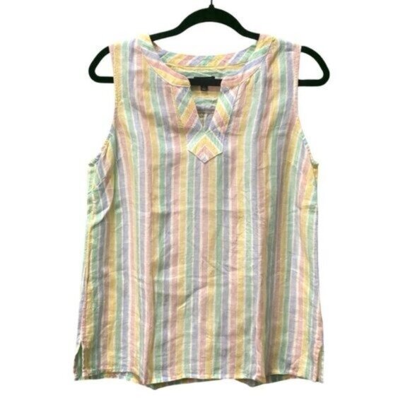 Talbots Sleeveless Notched Jewel Neck 100% Linen Multicolor Striped Size S/P - Picture 3 of 5